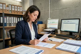 Enseignante de l'éducation nationale consultant son bulletin de salaire et un calendrier de paye 2026 dans un bureau scolaire