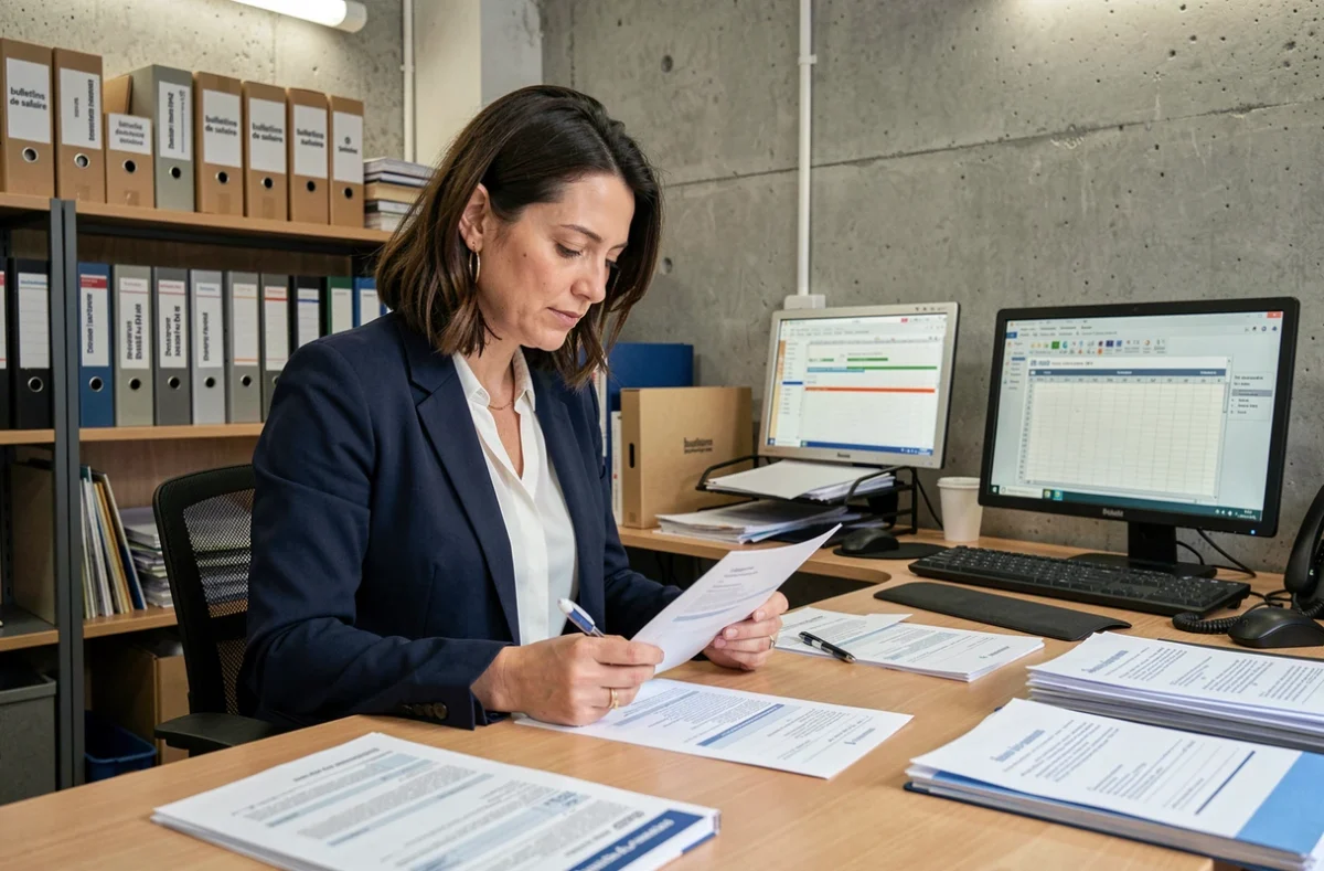 Enseignante de l'éducation nationale consultant son bulletin de salaire et un calendrier de paye 2026 dans un bureau scolaire