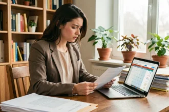 Jeune enseignante consultant ses documents de première affectation et son calendrier de salaire sur un bureau à domicile