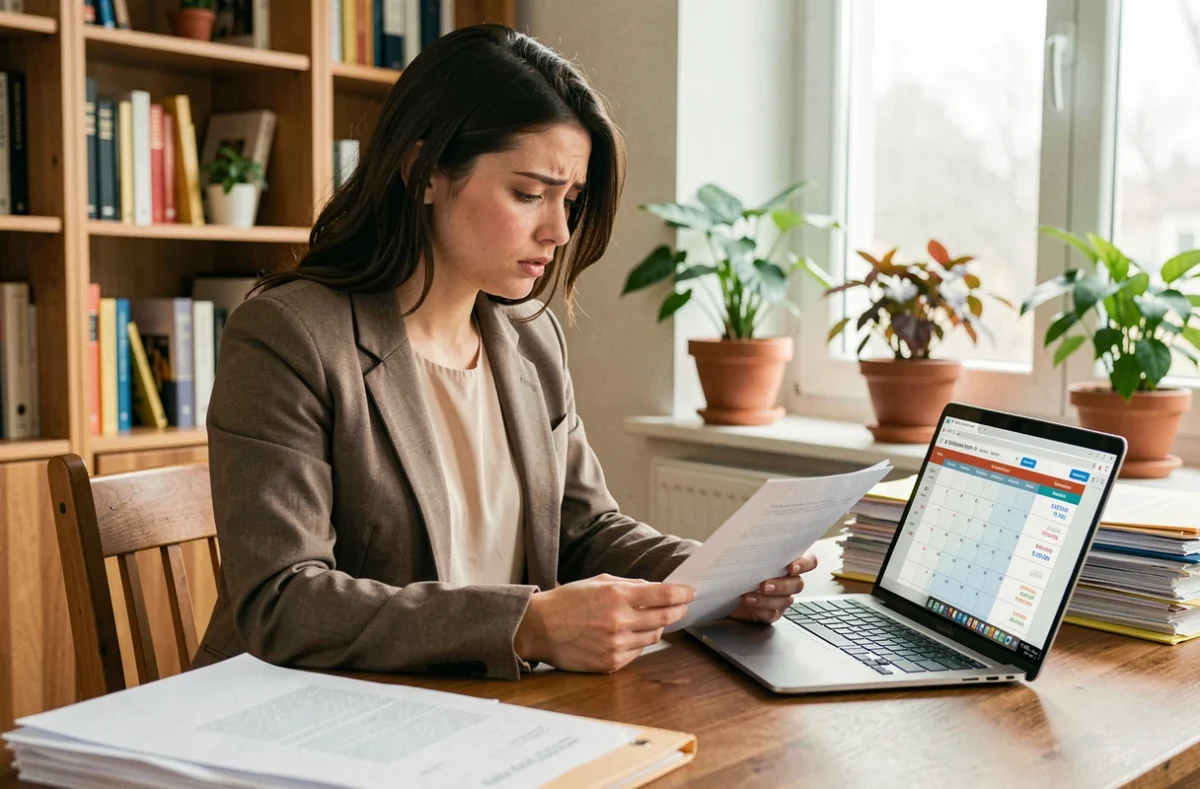 Jeune enseignante consultant ses documents de première affectation et son calendrier de salaire sur un bureau à domicile