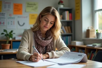 Professeure dans une classe lumineuse vérifiant une date de paie