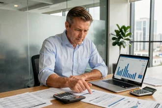 Entrepreneur calculant la rentabilité immobilière entre cash-flow et plus-value sur son bureau