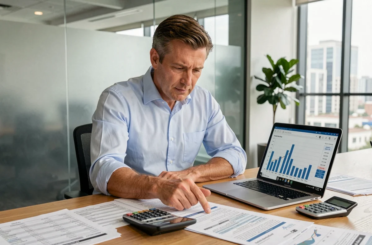 Entrepreneur calculant la rentabilité immobilière entre cash-flow et plus-value sur son bureau