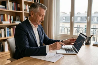 Épargnant français analysant le dividende FDJ 2026 sur un rapport financier dans un bureau à domicile moderne