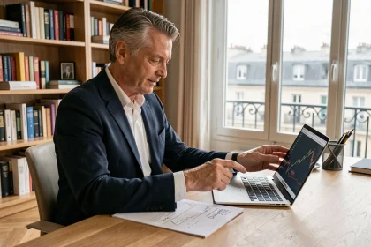 Épargnant français analysant le dividende FDJ 2026 sur un rapport financier dans un bureau à domicile moderne
