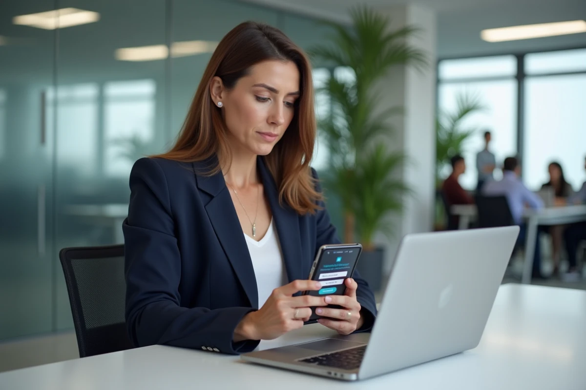 Femme en entreprise consultant une erreur de connexion sur une application bancaire mobile et ordinateur