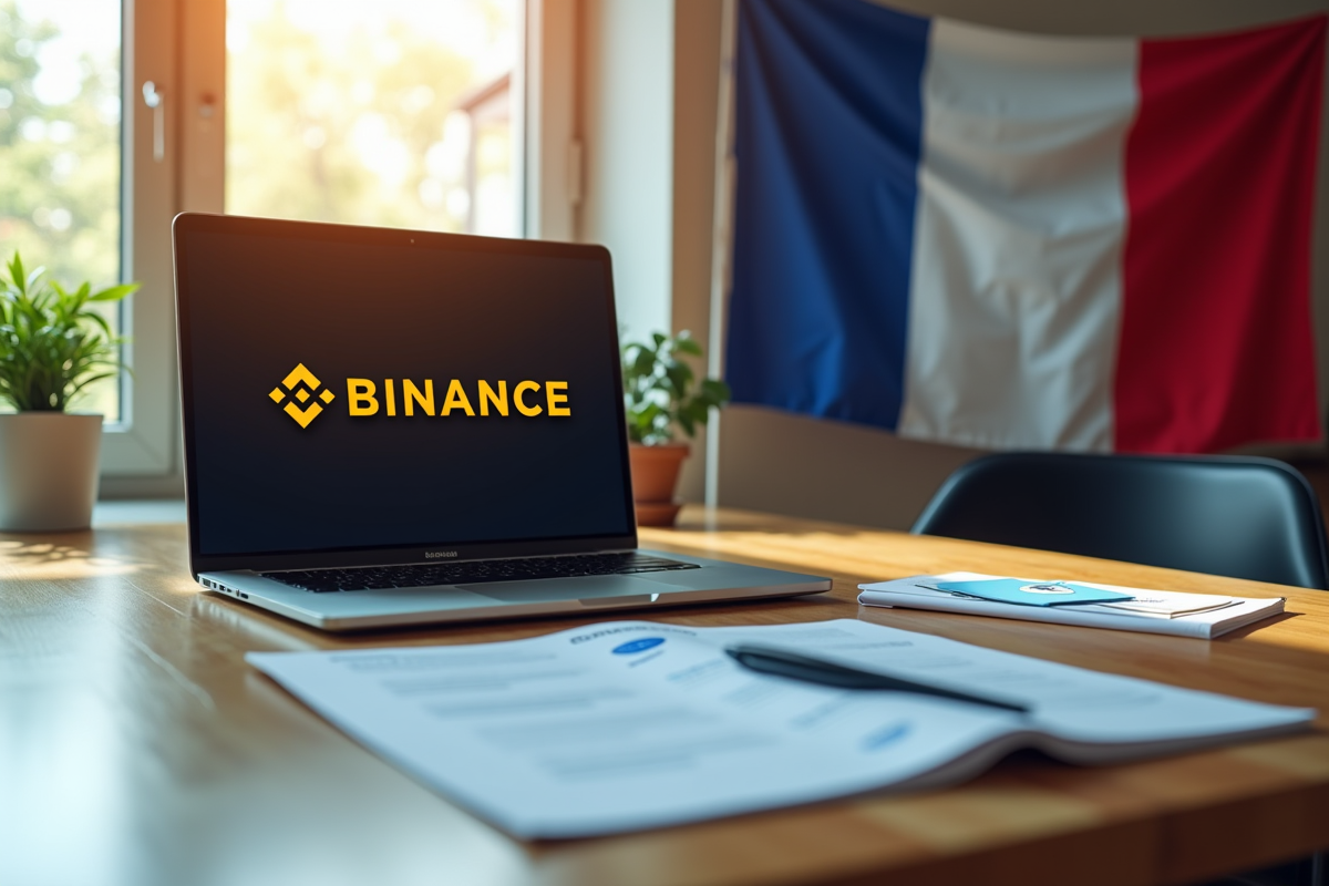 Espace de travail avec ordinateur affichant Binance et drapeau français