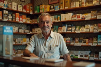 Buraliste espagnol derrière son comptoir dans un estanco avec des cartouches de cigarettes exposées sur des étagères en bois