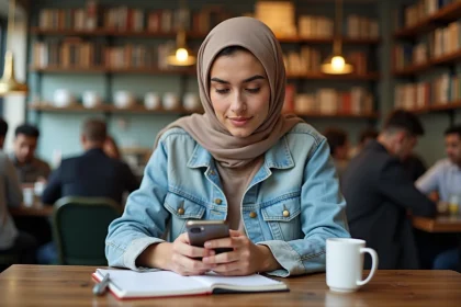 Etudiante marocaine vérifiant un convertisseur de devises au café