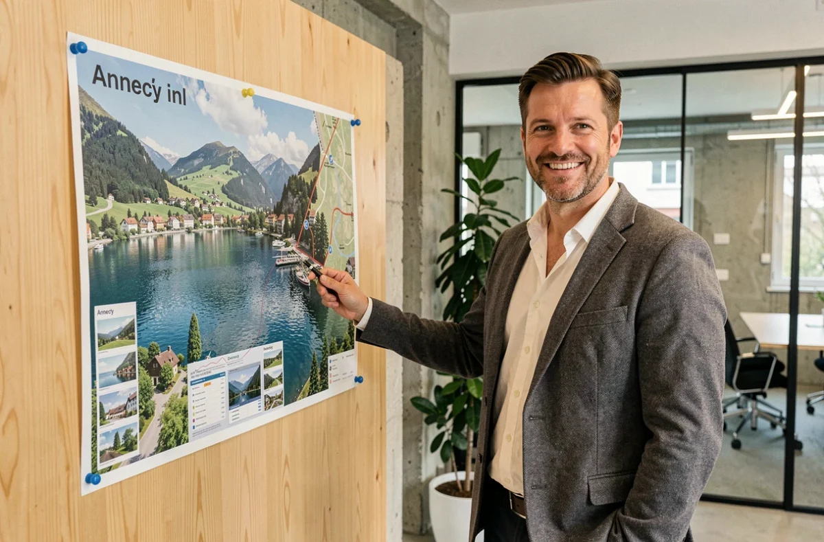 Conseiller en placement immobilier à Annecy pointant les zones d'investissement sur une carte de la ville et du lac