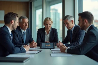 Groupe de cadres financiers en réunion dans un bureau moderne