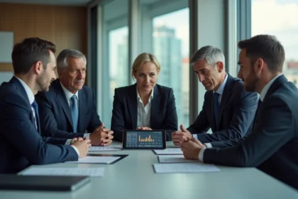 Groupe de cadres financiers en réunion dans un bureau moderne