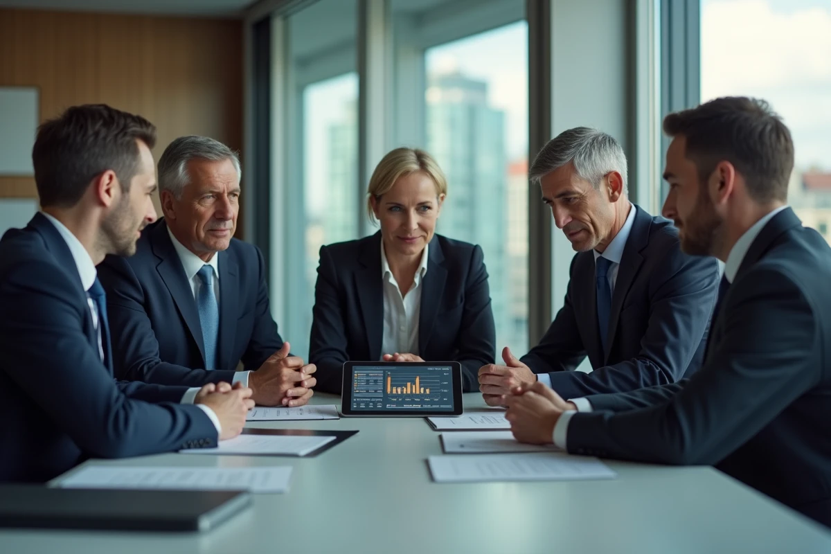 Groupe de cadres financiers en réunion dans un bureau moderne