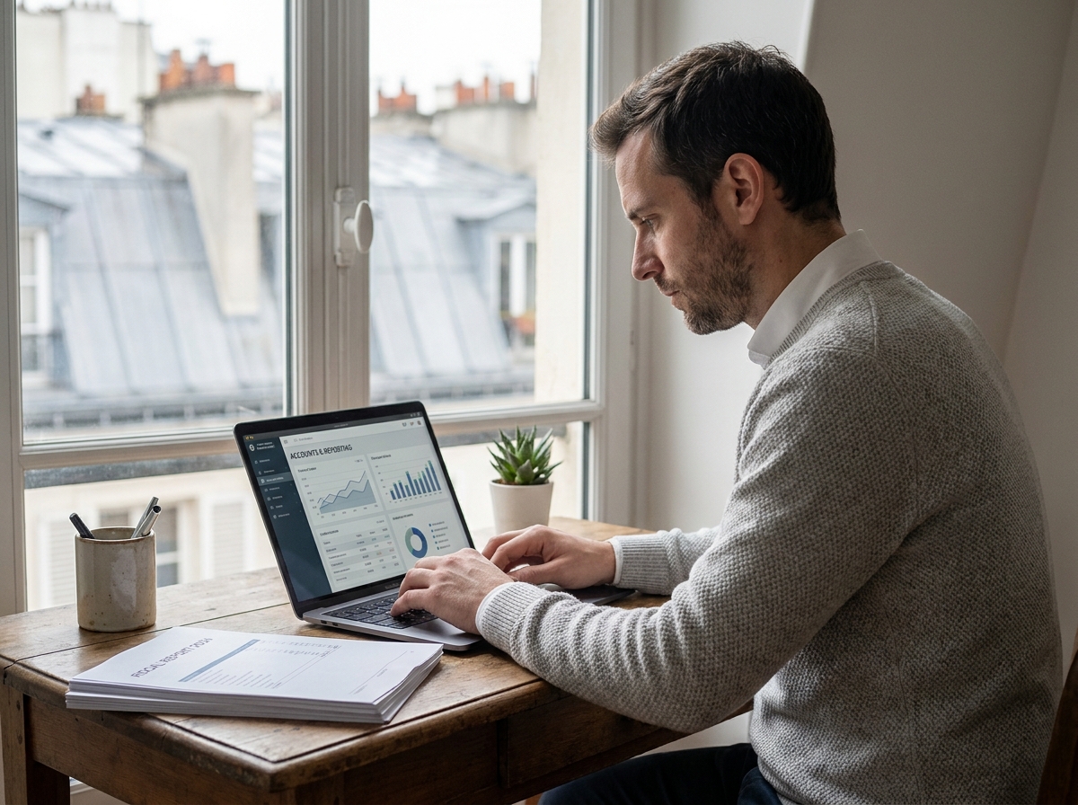 Expert-comptable concentré sur un logiciel de comptabilité dans un bureau parisien avec vue sur les toits en zinc