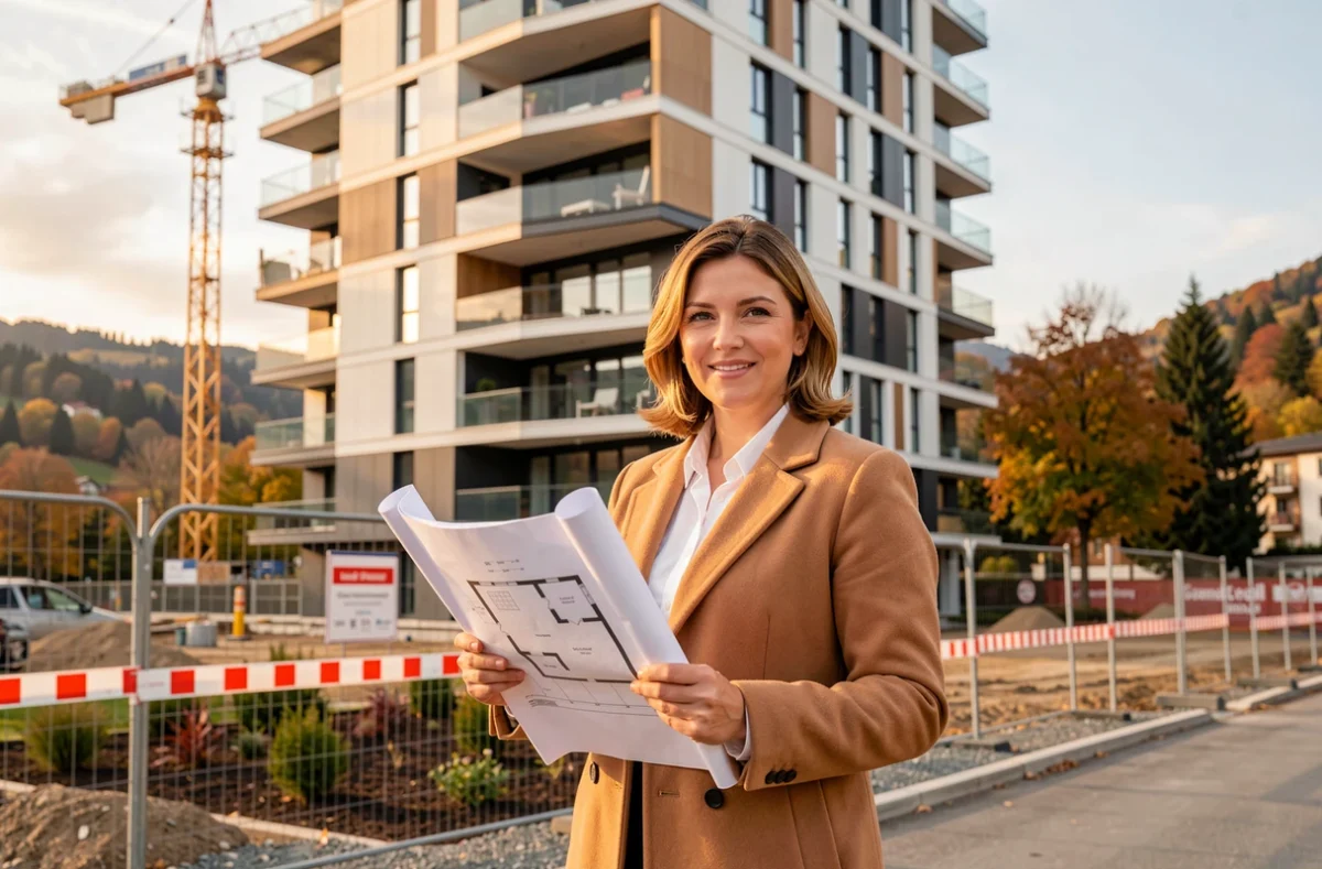 Experte en immobilier locatif neuf sur le Grand Annecy devant un programme résidentiel en construction