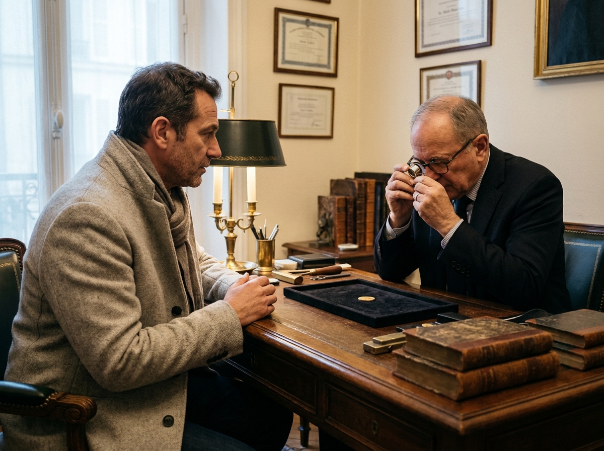 Expert en or évaluant une pièce ancienne lors d'une expertise dans un bureau discret à Paris 16