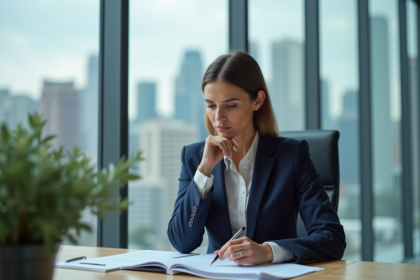 Femme d affaires en costume bleu dans un bureau moderne