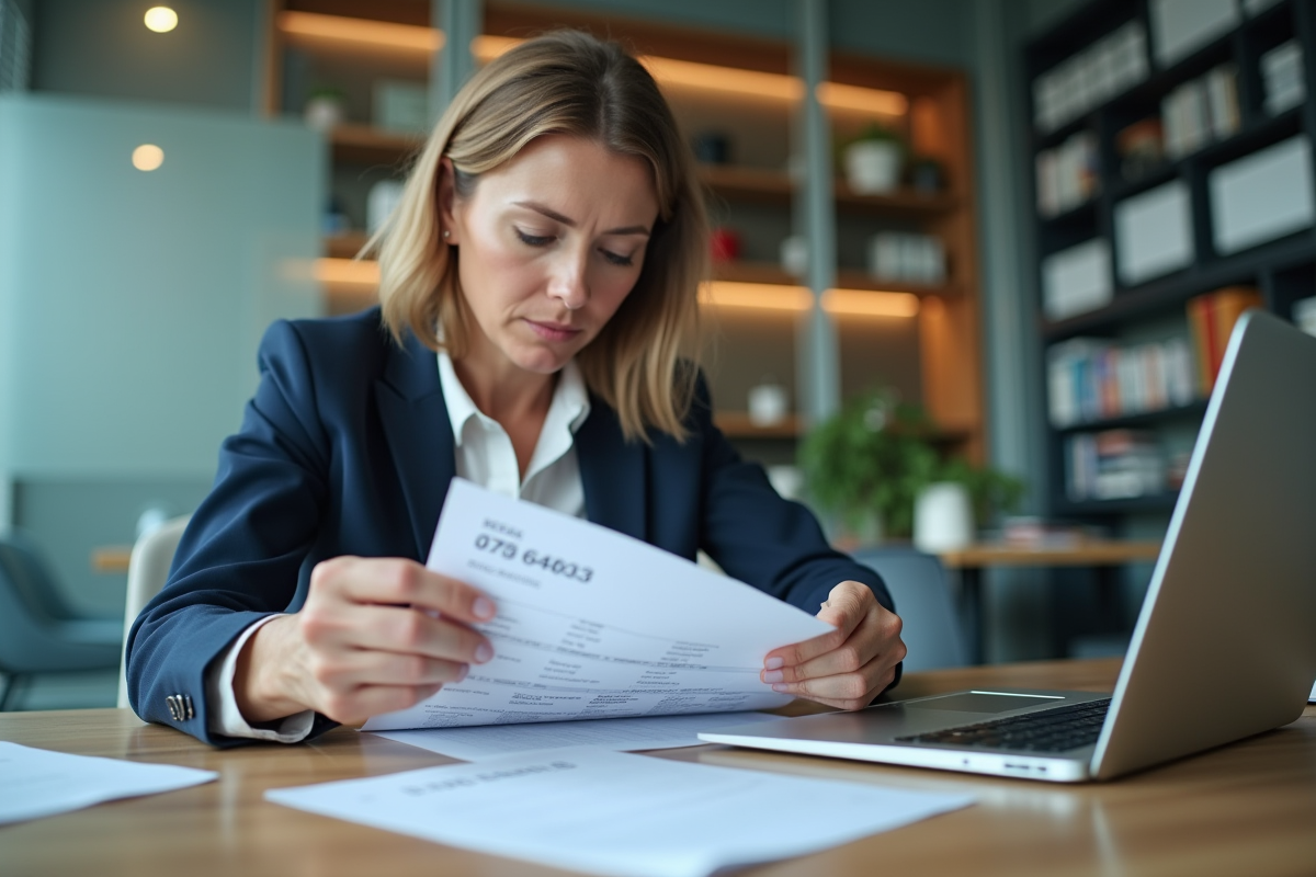Femme d affaires examinant des documents bancaires au bureau