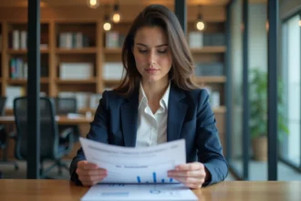 Femme d'affaires en réunion analysant des rapports financiers