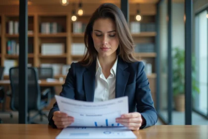 Femme d'affaires en réunion analysant des rapports financiers