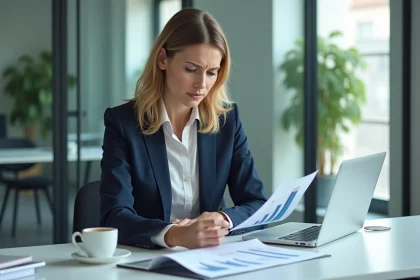 Femme d'affaires en bureau analysant des graphiques ROI