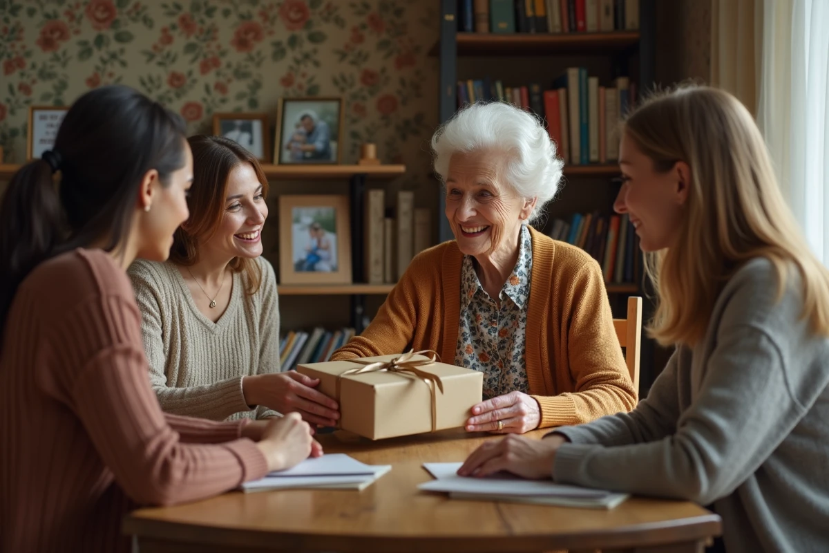 Femme agee offrant une enveloppe à sa famille dans un cadre chaleureux