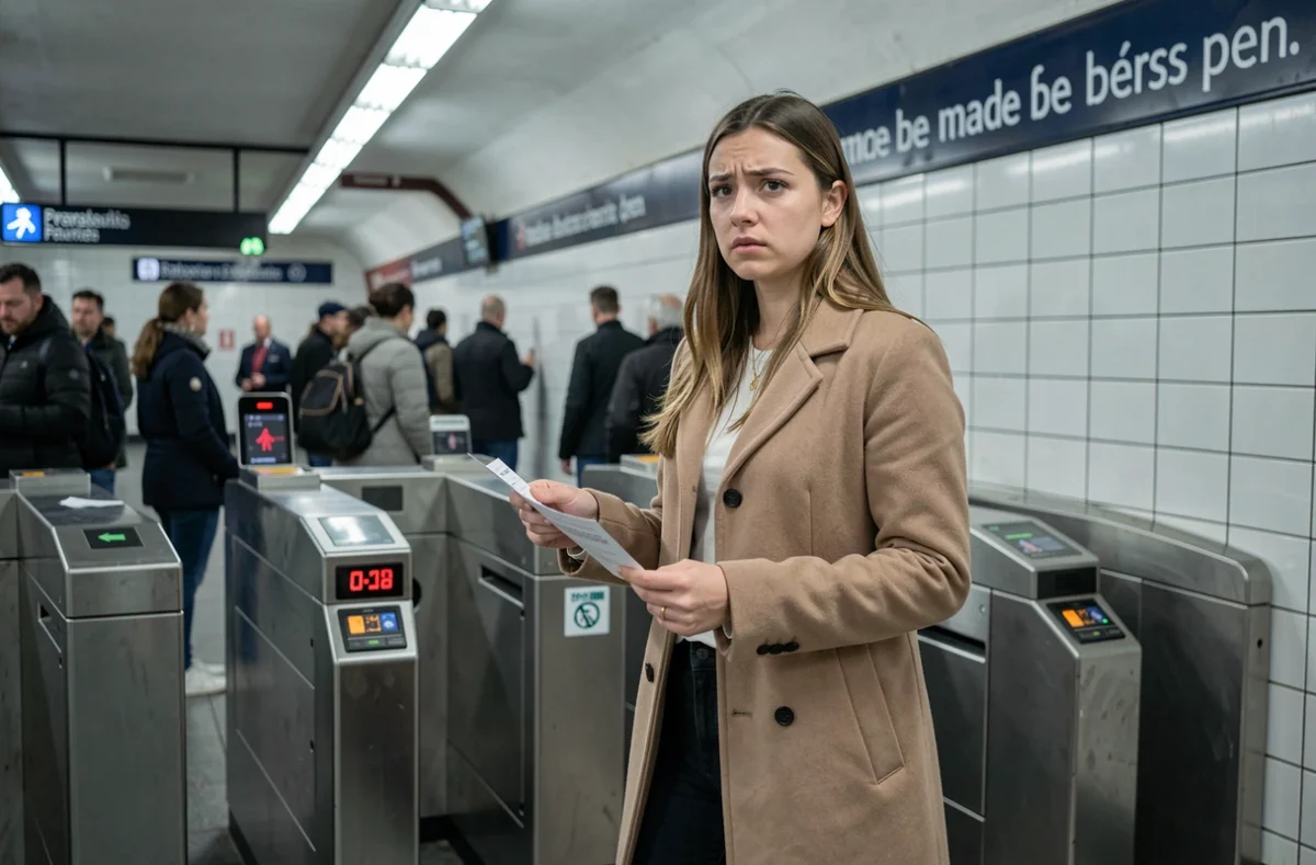 Femme tenant une amende RATP devant un portillon de métro parisien