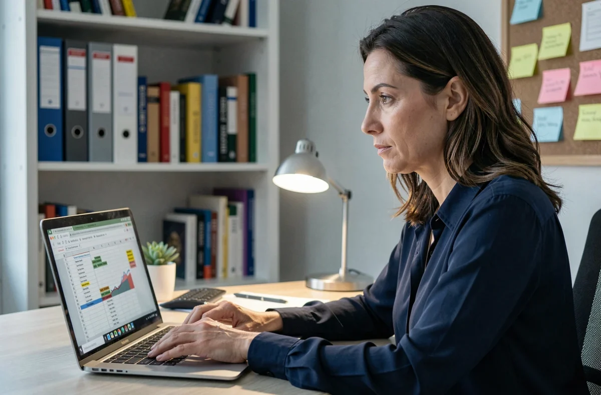 Femme analysant son budget sur ordinateur portable avec tableau de dépenses, en lien avec le prélèvement ADIS