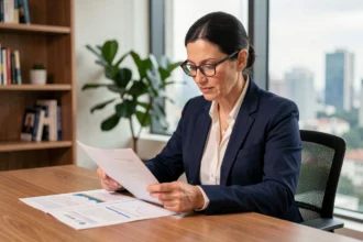 Femme cadre analysant des documents de dividendes SCPI en assurance vie dans un bureau à domicile