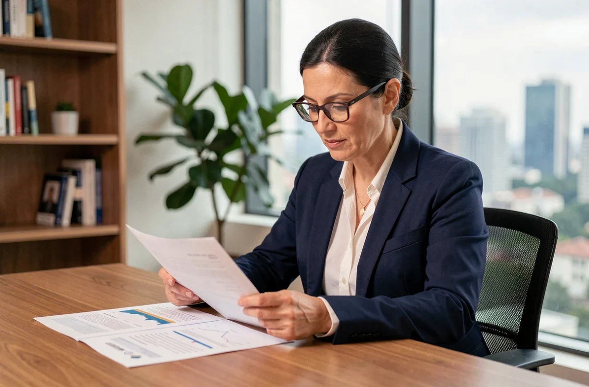 Femme cadre analysant des documents de dividendes SCPI en assurance vie dans un bureau à domicile