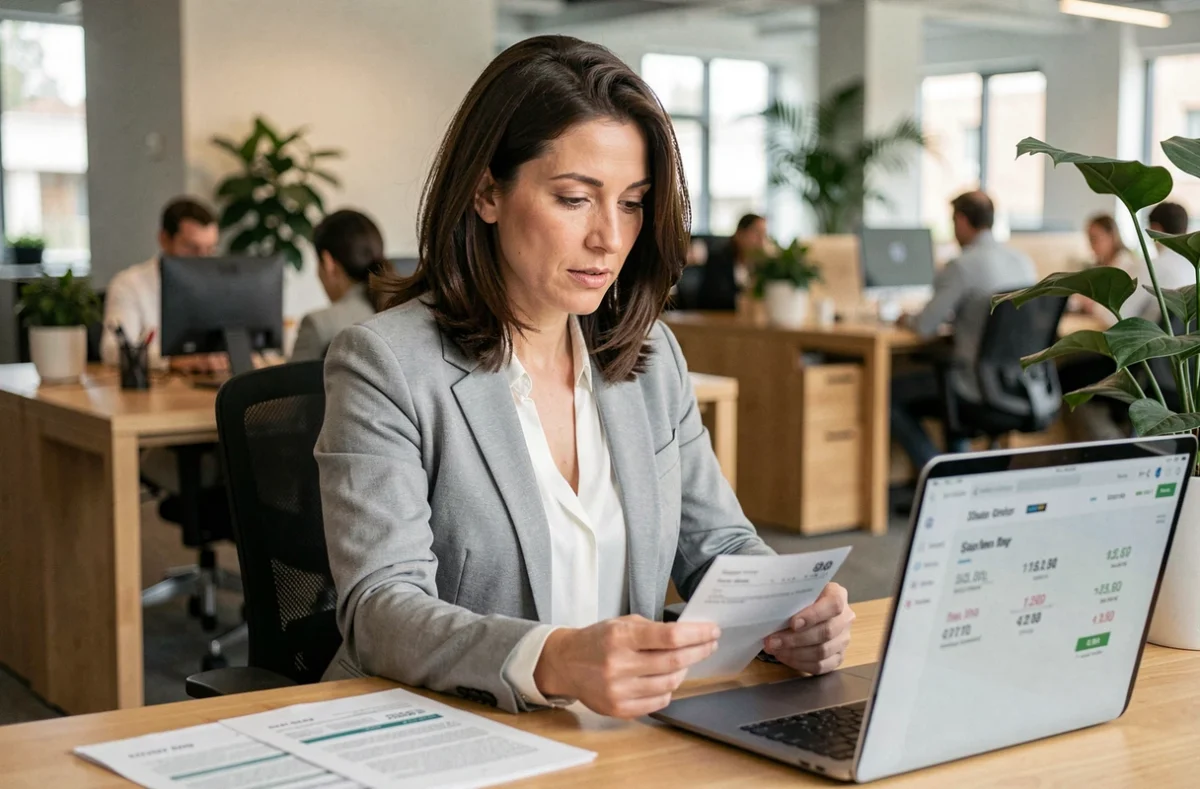 Femme cadre analysant ses fiches de paie et les changements de prime 2026 sur son bureau en open space