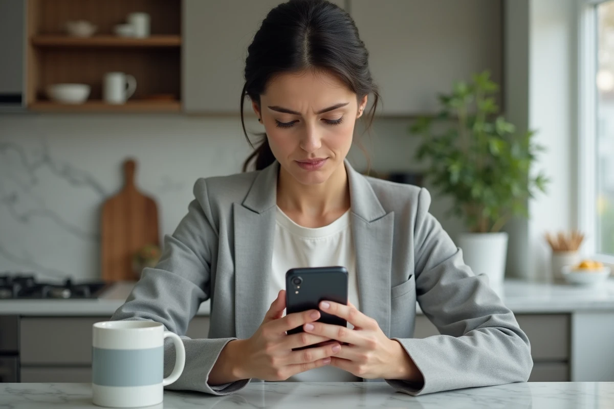 Femme consultant son application bancaire mobile bloquée sur smartphone dans une cuisine moderne
