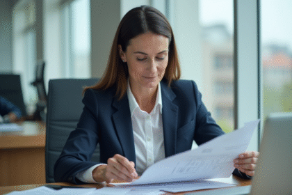 Femme d'âge moyen en costume bleu examinant un dossier d'assurance