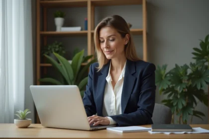 Femme d'une trentaine d'années utilisant un ordinateur portable à la maison