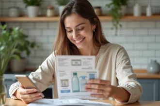 Femme consultant des bons de réduction papier et une application de cashback sur smartphone dans une cuisine moderne
