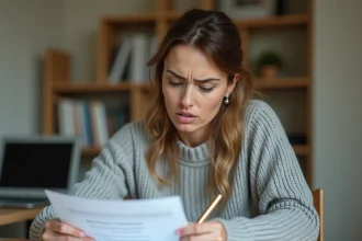 Femme consultant un bordereau de situation amendes à son bureau à domicile