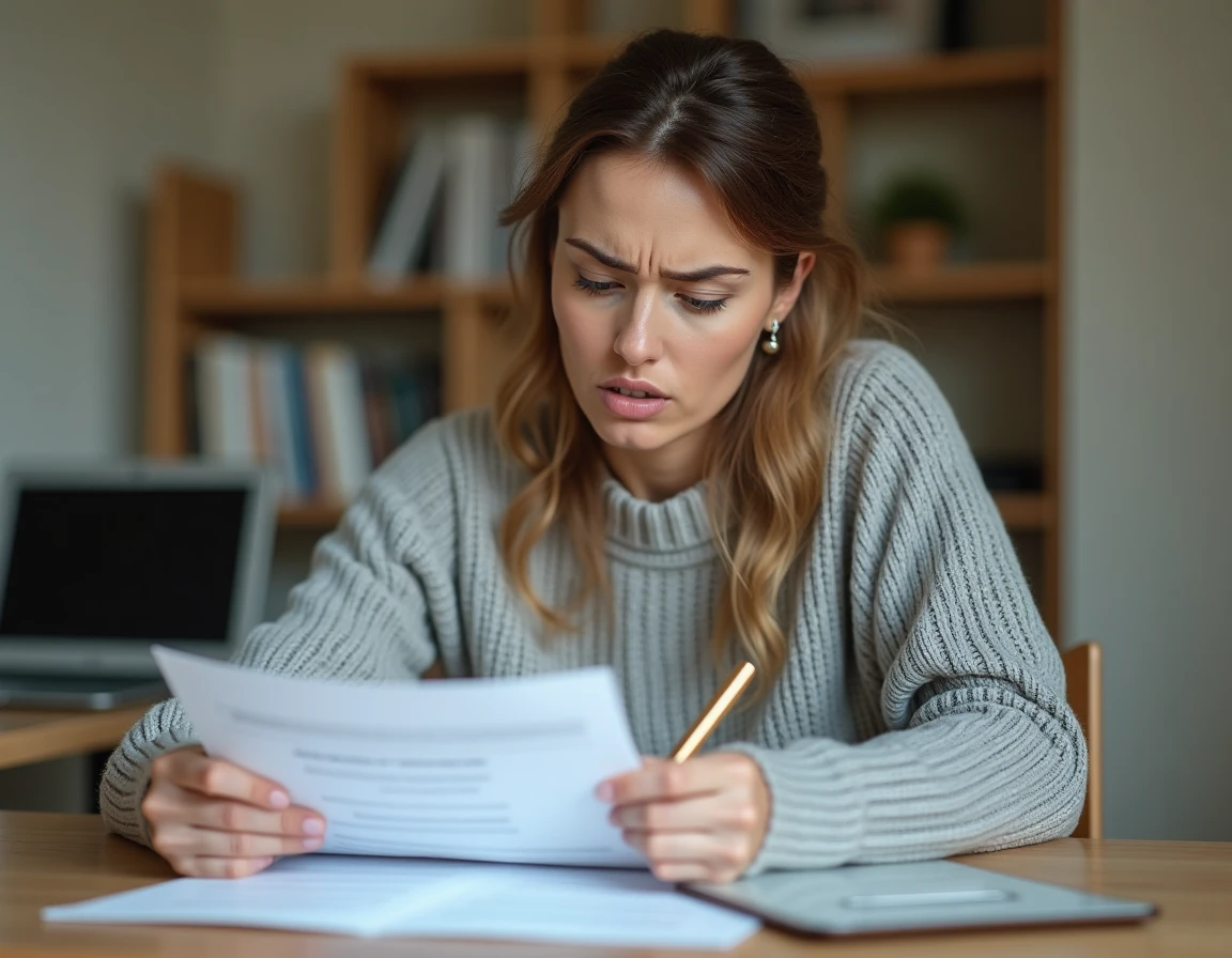 Femme consultant un bordereau de situation amendes à son bureau à domicile