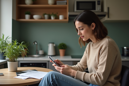 Femme assise à une table avec smartphone en main pour la finance