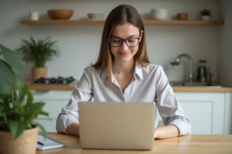Femme en tenue casual travaillant sur son ordinateur dans une cuisine lumineuse