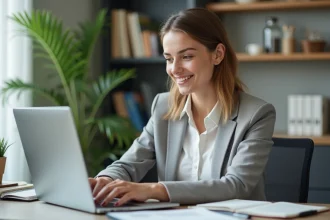 Femme au bureau moderne utilisant un simulateur financier