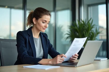 Femme professionnelle consultant une fiche de salaire net suisse dans un bureau moderne à Zurich