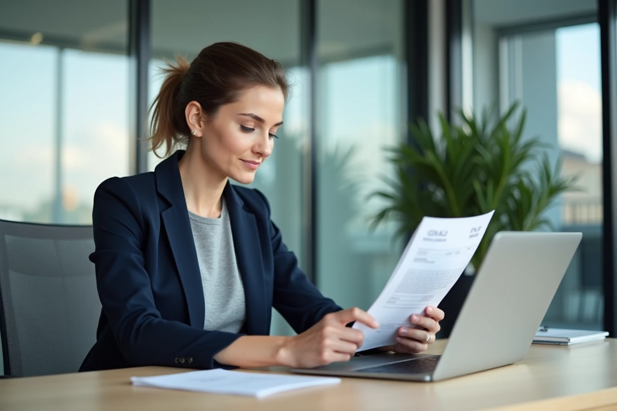 Femme professionnelle consultant une fiche de salaire net suisse dans un bureau moderne à Zurich