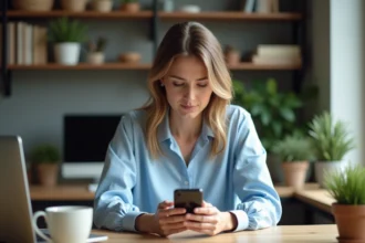 Jeune femme au bureau vérifiant notifications sur smartphone