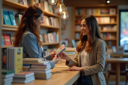 Femme donnant une carte cadeau dans une librairie