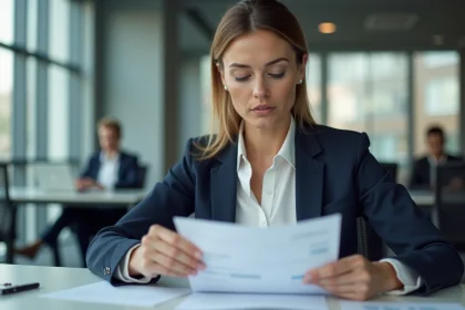 Femme cadre consultant une fiche de paie brut net à son bureau en 2026