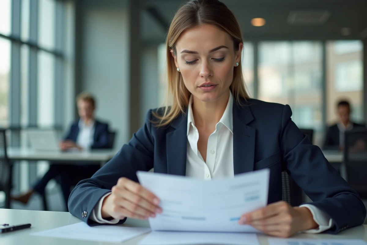 Femme cadre consultant une fiche de paie brut net à son bureau en 2026