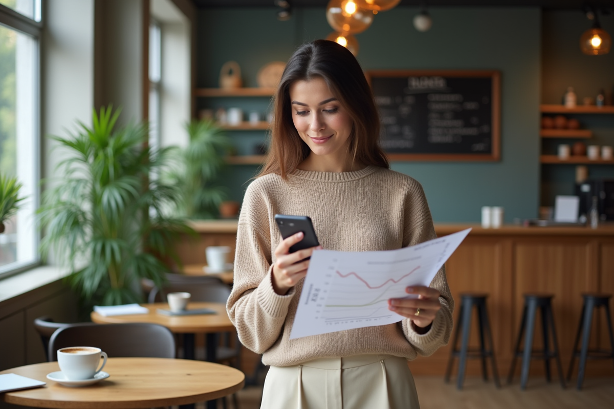 Jeune femme au café consultant des graphiques d