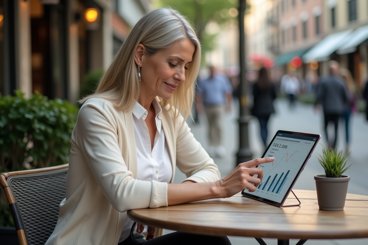 Femme consulte des graphiques de retraite au café en extérieur