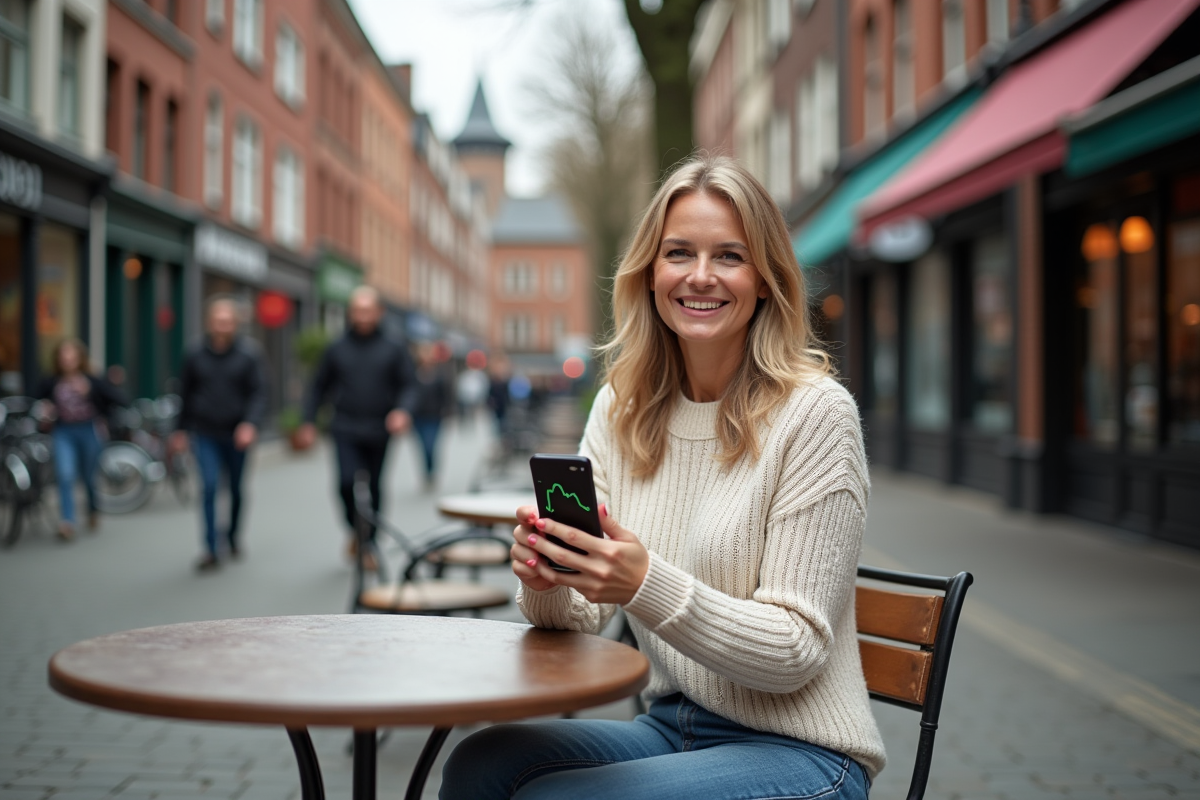 Femme souriante utilisant une application Bitcoin en extérieur