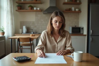 Femme consultant des documents administratifs et une calculatrice à la maison pour vérifier ses droits à la prime d'activité